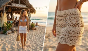 A split image showing semi-sheer white and woven beige crochet mini skirts styled over swimwear for a bohemian beach look.