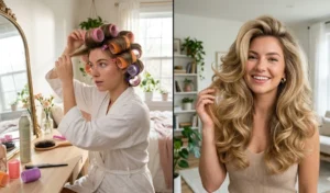 A 2-panel image demonstrating the retro velcro-roller blowout process and the resulting ultra-plush, airy, and bouncy mid-length hair volume.