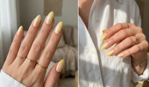 "Collage of clean girl aesthetic butter yellow glazed donut nails enhanced with a pearlescent iridescent chrome powder finish."