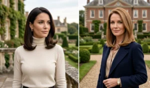 Two women modeling the elegant Old Money smooth lob blowout with polished, frizz-free hair tucked neatly under the chin.