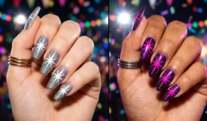 A side-by-side comparison of sparkling holographic glitter manicures featuring multi-colored rainbow shifting bases with sharp white and neon pink airbrushed starburst lines.