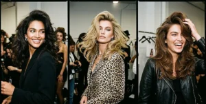 A photo collage of three women showcasing the voluminous 90s supermodel bouncy blowout with high root lift and dramatic, sweeping layers.