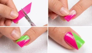 A four-panel collage detailing a geometric nail hack: cutting a pink nail strip at a 45-degree angle, applying it, aligning a contrasting green angled strip against it, and the finished two-tone color-blocked nail.