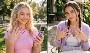 A split-screen image of bright purple acrylic nails decorated with holographic silver butterfly decals catching the sunlight.