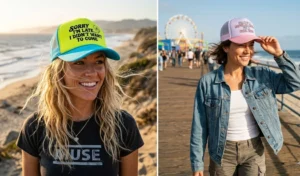 A split image of two women wearing neon and pastel graphic foam trucker hats, styling their messy beach waves for a tomboy-chic look.