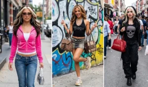 Three girls with soft voluminous blowouts highlighting bold, nostalgic early 2000s chunky blonde streaks and face-framing pieces.