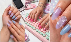 "Y2K-inspired pastel jelly nails in sheer lavender and bubblegum pink, decorated with 3D clear gummy bear and bow charms."