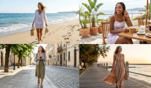 A grid of four cotton summer dresses for different occasions, showcasing a beach cover-up, a pastel mini dress for brunch, a travel midi dress, and a tiered maxi dress.