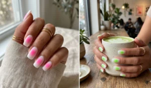 Trendy DIY aura nails featuring a glowing diffused pink and neon green center fading over a milky white base coat.