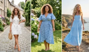 A three-panel split-screen photo celebrating inclusive fashion. Panel 1: Petite woman in a tailored cotton mini dress. Panel 2: Confident plus-size woman in a flattering cotton wrap dress with a V-neckline. Panel 3: Tall woman wearing a floor-length tiered cotton maxi dress.