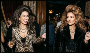 Two women rocking the glamorous Mob Wife big hair blowout, characterized by extreme crown volume and bold, tousled waves.