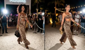 A 2-panel image showing women arriving at a beach club wearing cheetah print silk wide-leg pants and matching bralette tops.