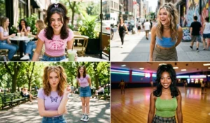 A four-panel collage of women wearing a playful half-up half-down shoulder-length blowout with cascading back volume and face-framing tendrils.