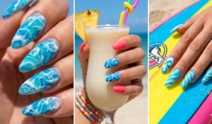 A three-panel collage of Coconut Girl aqua blue wave nails, highlighting a swirling cerulean and white water marble effect alternating with solid neon coral accent nails.