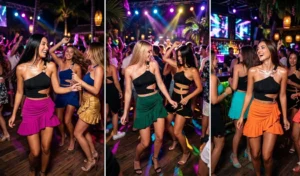 A 3-panel collage of women dancing at a resort nightclub in asymmetrical ruffle mini skirts and one-shoulder tops connected by chunky O-rings.