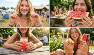 A four-panel collage displaying bright watermelon nail art with a juicy pink base, black seeds, and lime green French tips in a summer festival setting.