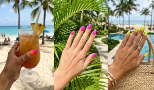 Collage of hands showcasing vibrant summer neon gradient manicures with tropical backgrounds.