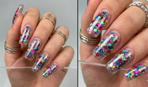 A detailed side-by-side view of long acrylic nails with oversized multicolored sequins and holographic glitter flakes encapsulated smoothly under a clear gel top coat.