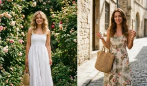 Two women modeling stylish cotton dresses for summer, including a classic white smocked sundress and a flowy floral Tropicalcore maxi dress.