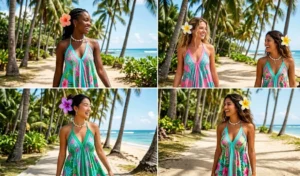A 4-panel collage featuring women walking near palm trees in bright tropical floral halter-neck handkerchief dresses with asymmetrical hemlines.