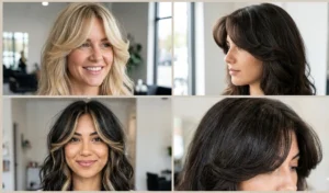 A four-panel close-up collage showing the lifting and face-framing effect of voluminous roller-set curtain bangs on long hair.