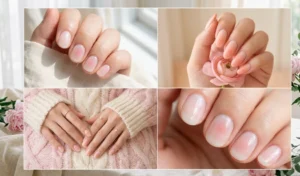 Four-panel collage of minimal Korean blush pink nails with a soft, diffused center gradient.