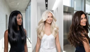 A three-panel image showing women with ultra-glossy, smooth liquid hair that maintains dense volume and a subtle, healthy root lift.