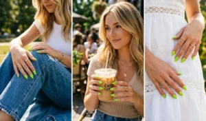 A three-panel photo collage showing a stylish woman modeling electric lime green almond acrylic nails with casual denim, an iced coffee, and a white summer dress.