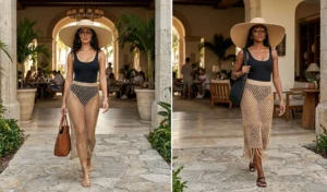 A split-screen showing women wearing metallic and sand-colored open-weave fishnet midi skirts layered over black one-piece swimsuits at a luxury resort.