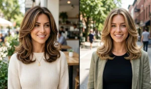 A split-screen image showing two women with mid-length hair styled in a flipped-in blowout, featuring soft, face-framing layers curving gently inward at the collarbone.