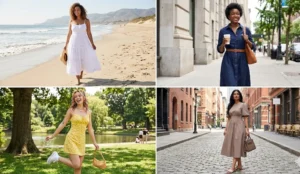 A four-panel split-screen photo collage displaying four cotton dress styles. Top left: White cotton maxi dress on a beach. Top right: Navy blue cotton shirt dress in an office context. Bottom left: Yellow cotton mini dress with white sneakers. Bottom right: Taupe cotton A-line midi dress.