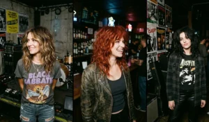 Three women modeling an edgy, textured shag blowout with messy waves and piece-y volume on long layered hair.