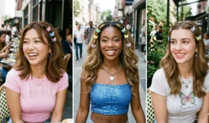 A three-panel collage of women with mid-length blowouts styled with colorful pastel butterfly clips that pin back small face-framing sections of hair.