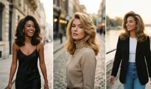 A collage of three women showcasing the classic 90s supermodel shoulder-length blowout with heavy crown volume and soft bouncy ends.