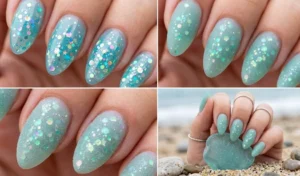 A four-panel collage of chunky glitter sea glass nails, showing encapsulated holographic glitter beneath a matte seafoam green builder gel to perfectly mimic frosted, tumbled beach glass.