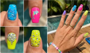 A four-panel collage of mismatched early 2000s bright nails, featuring playful vintage dolphin stickers, holographic decals, and scattered rhinestones over neon blue, pink, and yellow bases.