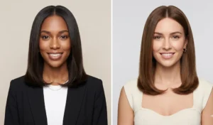 A split image of two women wearing a blunt cut shoulder-length blowout with sleek roots and a neat, subtle under-curl at the ends.