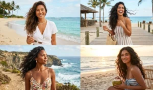 A 4-panel split-screen of women showing off tousled beachy blowout waves with wide, relaxed ribbon-like movement and straight ends.