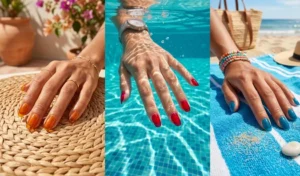 Three-panel collage featuring translucent amber, cherry red, and ocean blue jelly gel nails by the pool.