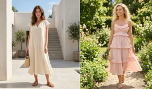 Two women showcasing summer 2026 cotton dress trends, featuring a minimalist cream relaxed-fit dress and a soft pastel pink tiered cotton dress.