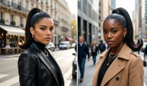 A two-panel image showing women with sleek, tightly pulled high ponytails styled from blown-out mid-length hair, featuring thick and bouncy flipped ends.