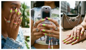 A three-panel collage showing long stiletto nails featuring a glowing neon green to hot pink aura ombre nail art design.