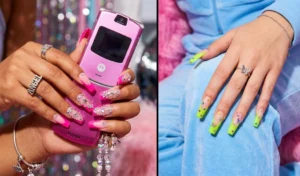 Two sets of hands displaying Y2K-inspired neon French tip nails adorned with rhinestones and gems.