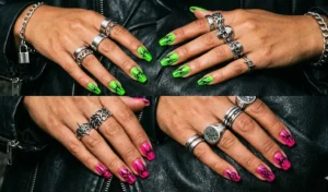 An edgy two-panel layout featuring rebellious Y2K tribal print nail art with sharp jet-black graphic lines stamped over ultra-bright neon green and hot pink bases.