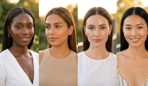 "A 4-panel collage of women showcasing the clean girl aesthetic with sleek straight blowouts perfectly tucked behind their ears."