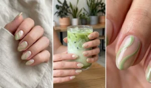 "Three different angles of minimalist pistachio green abstract swirls painted over a bare, sheer-nude nail base."
