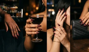 A four-panel collage of dark cherry red and midnight black marbled stiletto nails, detailed with delicate gold foil flecks.