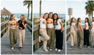 A 3-panel photo grid of women posing near a boardwalk in white airbrushed baby tees and ultra-baggy low-rise parachute cargo pants.