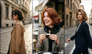 Three women modeling the chic Italian bob blowout, featuring neck-grazing, thick short hair with glamorous root volume and softly inward-beveled ends.