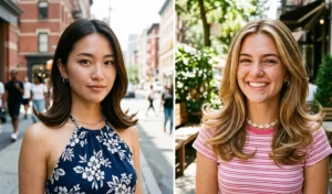 A 2-panel split-screen of women rocking mid-length blowouts featuring sleek roots and sharp, Y2K-style outward flipped ends.
